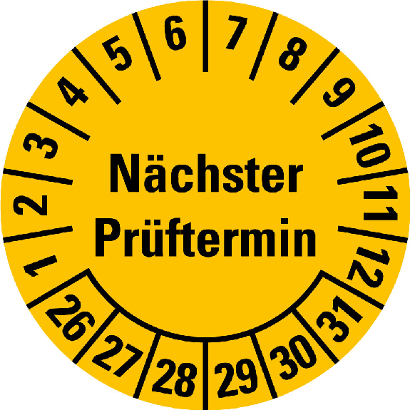 Prüfplakette Nächster Prüftermin 26-31,gelb,Folie,selbstklebend,Ø 30mm,10/Bogen Prüfplakette Nächster Prüftermin 26-31,gelb,Folie,selbstklebend,Ø 30mm,10/Bogen-Beschreibung lesen