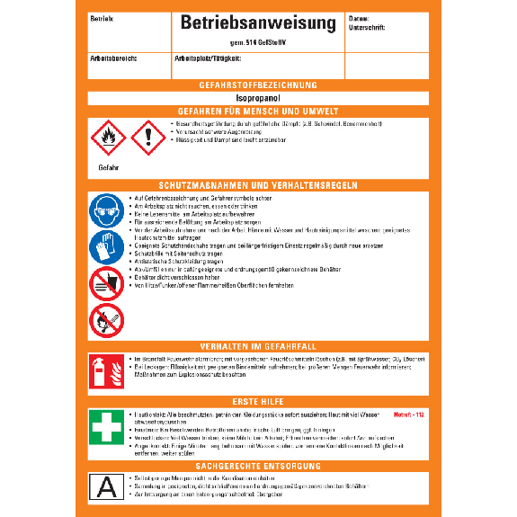 Betriebsanweisung Isopropanol, CLP/GHS, Kunststoff, 210x297mm, ASR A1.3, DIN EN ISO 7010-Leggi tutto
