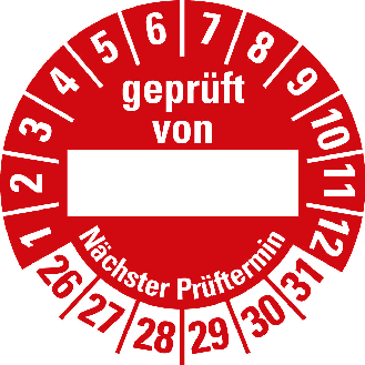 Prüfplakette geprüft von NP,26-31,Beschriftungsfeld,rot,Folie,Ø 30mm,10/Bogen-Beschreibung lesen