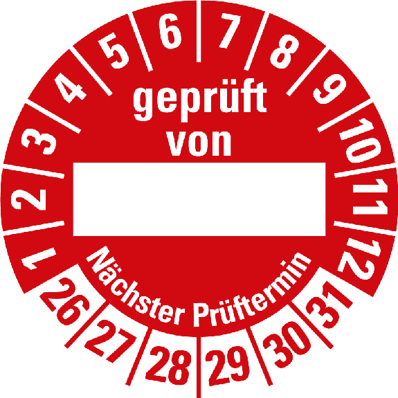 Prüfplakette geprüft von NP,26-31,Beschriftungsfeld,rot,Folie,Ø 30mm,10/Bogen Prüfplakette geprüft von NP,26-31,Beschriftungsfeld,rot,Folie,Ø 30mm,10/Bogen-Beschreibung lesen
