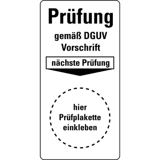 Mini-Grundplakette Prüfung DGUV Vorschrift, nP., Folie, ablösbar, 20x40mm, 16/Bogen, DGUV-Beschreibung lesen