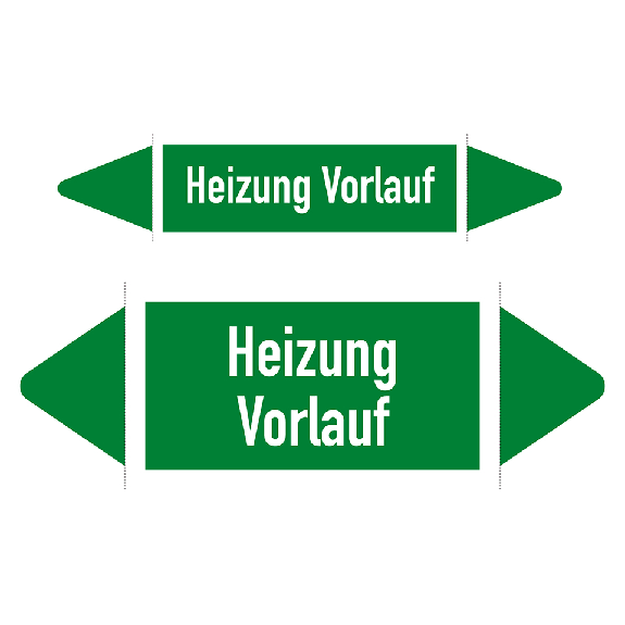 Rohrleitungsetikett Heizung Vorlauf, DIN 2403, grün/weiß, für Ø 25-40mm, 126x26mm, 5/Bogen-Beschreibung lesen