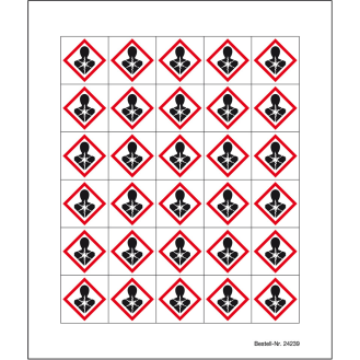 Minisymbol GHS 08 Gesundheitsgefahr, Folie, selbstklebend, 20x20mm, 30/Bogen-Beschreibung lesen