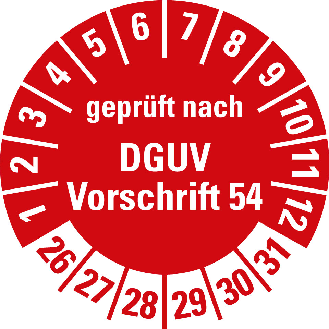 Prüfplakette gepr.n.DGUV Vorschrift 54,26-31,rot,Folie,selbst.,Ø 30mm,10/Bogen-Beschreibung lesen