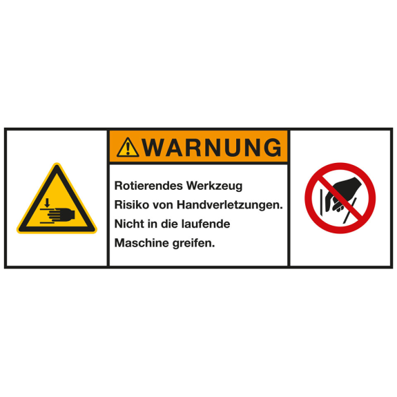 Produktsicherheitsschild Warnung Rotierendes Werkzeug, RoHS konform, Folie, 100x35mm, ISO 3864-2-Beschreibung lesen