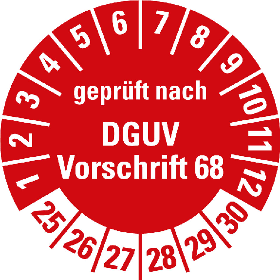 Prüfplakette gepr.n. DGUV Vorschrift 68,25-30,rot,Folie,selbst.,Ø 30mm,10/Bogen-Beschreibung lesen