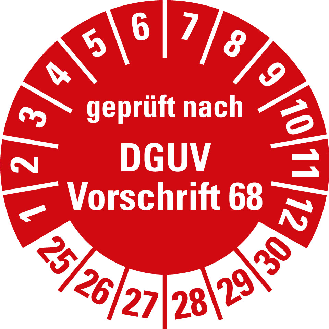 Prüfplakette gepr.n. DGUV Vorschrift 68,25-30,rot,Folie,selbst.,Ø 30mm,10/Bogen-Beschreibung lesen