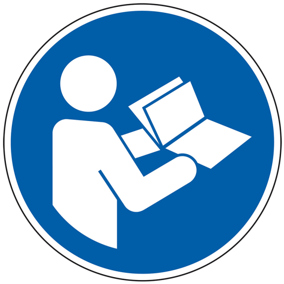 Gebotsschild Anleitung beachten, ISO 7010, Folie, selbstklebend, Ø25mm, 10/Bogen-Beschreibung lesen