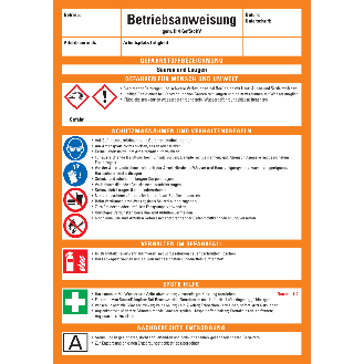 Betriebsanweisung Säuren und Laugen, CLP/GHS, Kunststoff, 210x297mm, ASR A1.3, DIN EN ISO 7010-Beschreibung lesen