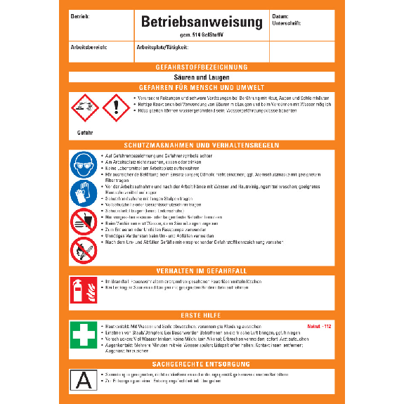Betriebsanweisung Säuren und Laugen, CLP/GHS, Kunststoff, 210x297mm, ASR A1.3, DIN EN ISO 7010-Lire la description
