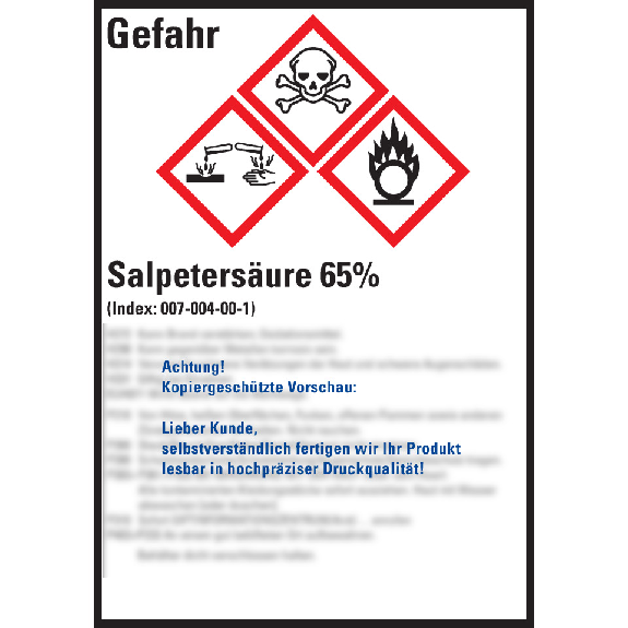 GHS-Etikett Salpetersäure 65%, GefStoffV/GHS/CLP, Folie, 74x52mm, 10/Bogen GHS-Etikett Salpetersäure 65%, GefStoffV/GHS/CLP, Folie, 74x52mm, 10/Bogen-Beschreibung lesen