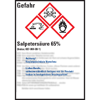 GHS-Etikett Salpetersäure 65%, GefStoffV/GHS/CLP, Folie, 74x52mm, 10/Bogen-Beschreibung lesen