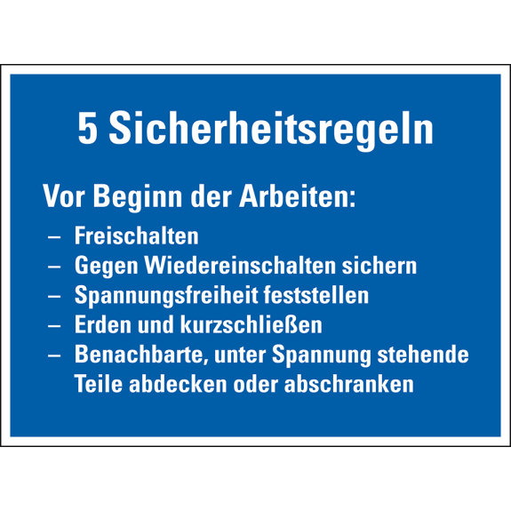 Hinweisschild 5 Sicherheitsregeln Vor Beginn der Arbeit..., Kunststoff, 200x150mm, VDE-Leggi tutto