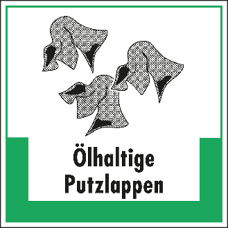 Abfallkennzeichen Ölhaltige Putzlappen, Symbol und Text, Folie, selbstklebend, 200x200mm-Beschreibung lesen