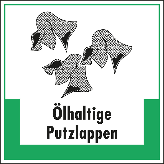 Abfallkennzeichen Ölhaltige Putzlappen, Symbol und Text, Folie, selbstklebend, 200x200mm Abfallkennzeichen Ölhaltige Putzlappen, Symbol und Text, Folie, selbstklebend, 200x200mm-Beschreibung lesen