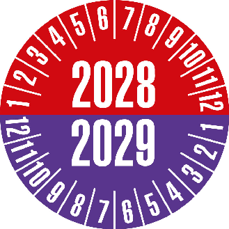 Prüfplakette 2028/2029, rot/violett, Folie, selbstklebend, Ø 20mm, 10/Bogen-Beschreibung lesen