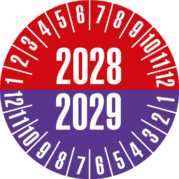 Prüfplakette 2028/2029, rot/violett, Folie, selbstklebend, Ø 20mm, 10/Bogen-Beschreibung lesen