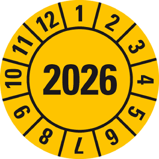 Prüfplakette 2026, gelb, Folie, selbstklebend, Ø 20mm, 500/Rolle-Beschreibung lesen