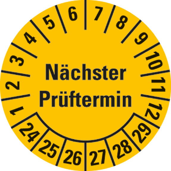 Prüfplakette Nächster Prüftermin 24-29,gelb,Folie,selbstklebend,Ø 30mm,10/Bogen-Beschreibung lesen