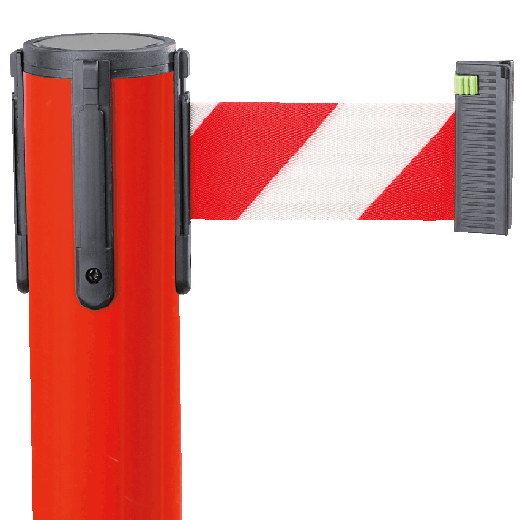 Gurtpfosten, rot, Stahl, Gurt rot/weiß schraffiert, 50mm, 4m, 11kg Gurtpfosten, rot, Stahl, Gurt rot/weiß schraffiert, 50mm, 4m, 11kg-Beschreibung lesen