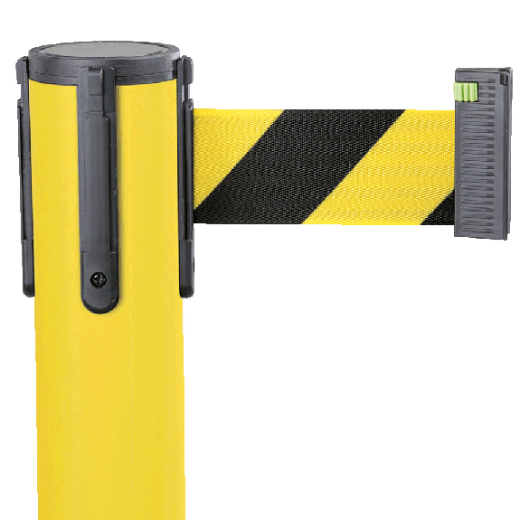 Gurtpfosten, gelb, Stahl, Gurt gelb/schwarz schraffiert, 50mm, 4m, 11kg-Beschreibung lesen