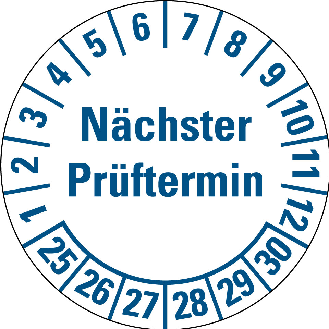 Prüfplakette NP 25-30,weiß/blau,DIN EN 60601-01,Spezialkleber,Ø 30mm,10/Bogen-Beschreibung lesen