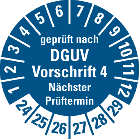 Prüfplakette geprüft nach DGUV Vorschrift 4,NP,24-29,blau,Folie,Ø 30mm,10/Bogen Prüfplakette geprüft nach DGUV Vorschrift 4,NP,24-29,blau,Folie,Ø 30mm,10/Bogen-Beschreibung lesen