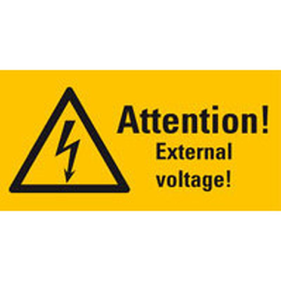 Warn-Kombi. Attention! External voltage!,UL-anerkannt,Folie,26x52mm,10/Bogen-Leggi tutto