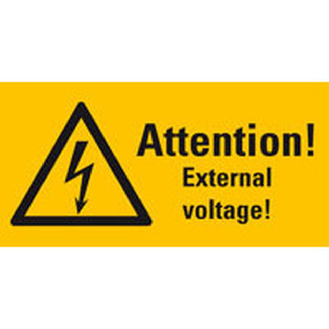 Warn-Kombi. Attention! External voltage!,UL-anerkannt,Folie,26x52mm,10/Bogen-Beschreibung lesen