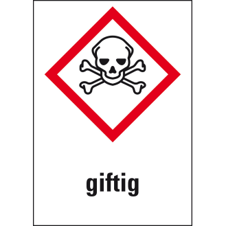 Gefahrensymbol Totenkopf mit gekreuzten Knochen GHS 06, giftig, Folie, 37x26mm, 12/Bogen, GHS-Verordnung-Beschreibung lesen