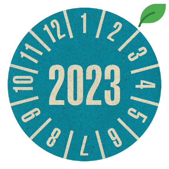 Prüfplakette 2023, blau, Graspapier, selbstklebend, Ø 30mm, 18/Bogen-Beschreibung lesen