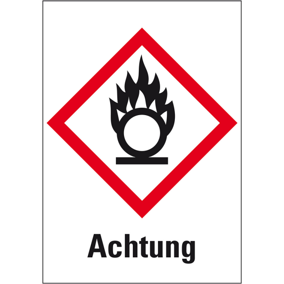 Gefahrensymbol Flamme über Kreis GHS 03, Achtung, Haftpapier, 37x52mm, 1000/Rolle, GHS-Verordnung-Beschreibung lesen