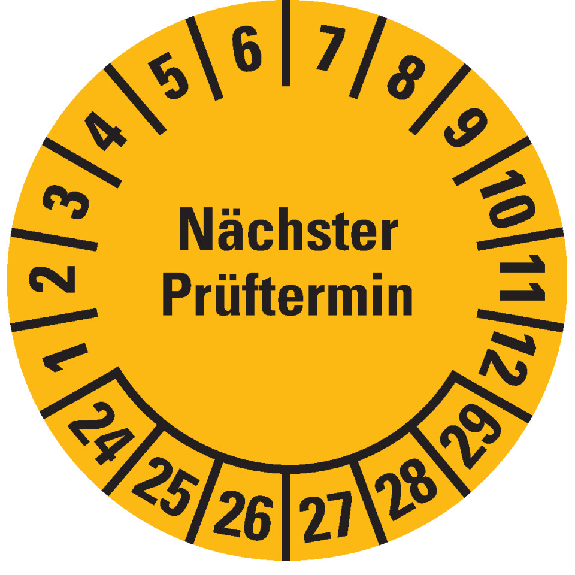 Prüfplakette Nächster Prüftermin 24-29, gelb, Cellulose-Folie, selbstklebend, Ø 30mm, 18/Bogen-Beschreibung lesen