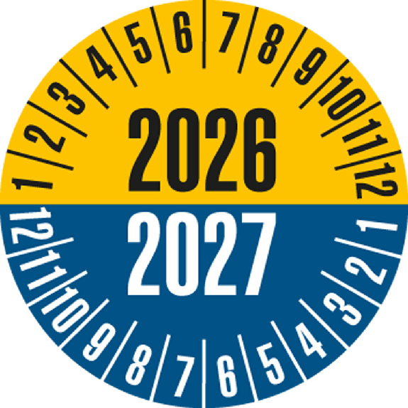 Prüfplakette 2026/2027, gelb/blau, Folie, selbstklebend, Ø 20mm, 10/Bogen Prüfplakette 2026/2027, gelb/blau, Folie, selbstklebend, Ø 20mm, 10/Bogen-Beschreibung lesen