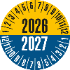 Prüfplakette 2026/2027, gelb/blau, Folie, selbstklebend, Ø 20mm, 10/Bogen