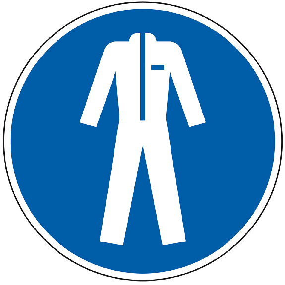 Gebotsschild Schutzkleidung benutzen, Folie, selbstklebend, Ø 100mm, ASR A1.3, DIN EN ISO 7010 M010-Beschreibung lesen