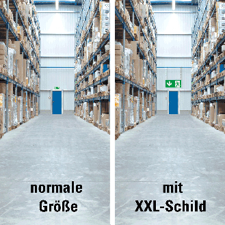 XXL-Rettungszeichen Notausgang, Pfeil, Aluminiumverbund, 1200x600mm, ASR A1.3, DIN EN ISO 7010 E002-Beschreibung lesen