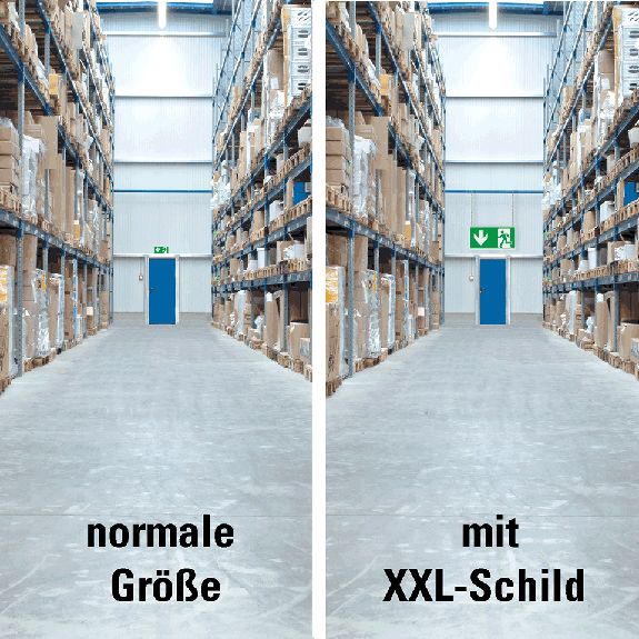 XXL-Rettungszeichen Notausgang, Pfeil, Aluminiumverbund, 1200x600mm, ASR A1.3, DIN EN ISO 7010 E002-Beschreibung lesen