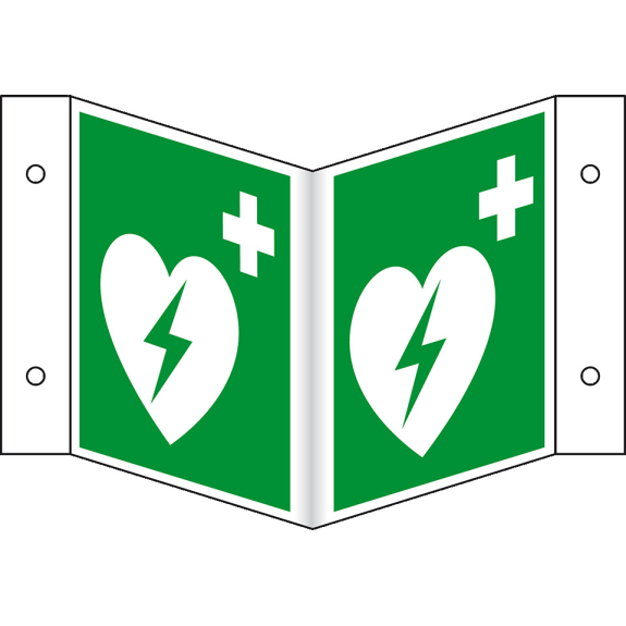 Rettungs-Nasenschild Automatisierter externer Defibrillator (AED), Kunststoff, 200x200mm, ASR A1.3, DIN EN ISO 7010 E010-Beschreibung lesen