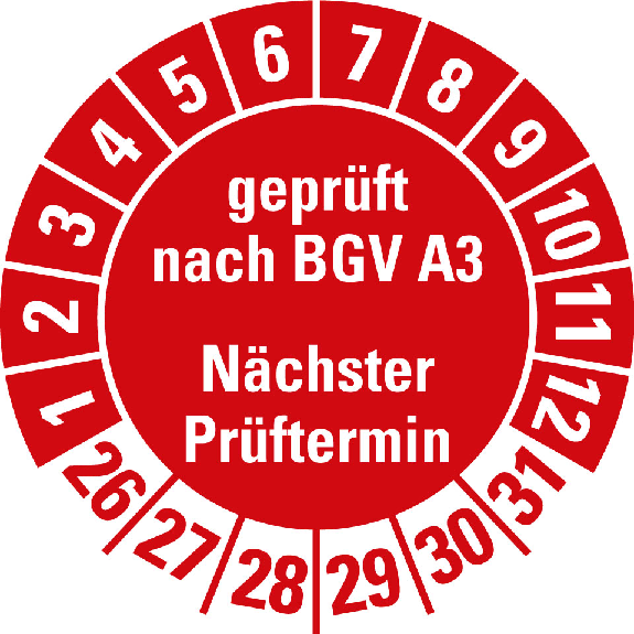 Prüfplakette gepr.n.BGV A3 Nächster Prüftermin 26-31,rot,Folie,Ø 20mm,500/Rolle-Beschreibung lesen