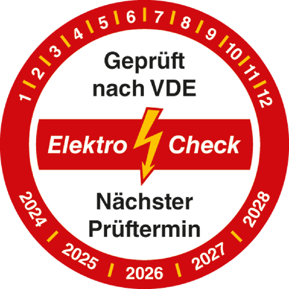 Prüfplakette Elektro-Check, 2024-2028, rot/weiß, Folie, Ø 30mm, 10/Bogen-Beschreibung lesen