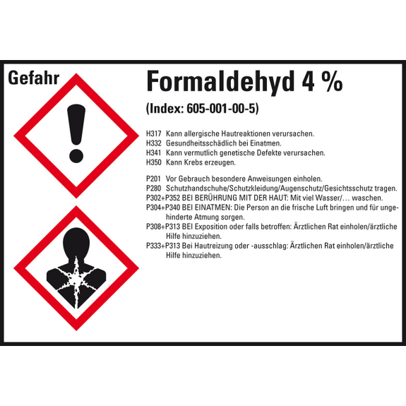 GHS-Etikett Formaldehyd 4%, GefStoffV/GHS/CLP, Folie, 105x74mm, 8/Bogen-Beschreibung lesen