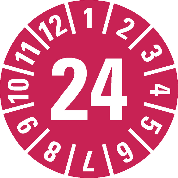 Prüfplakette 24, rot, Cellulose-Folie, selbstklebend, Ø 30mm, 18/Bogen Prüfplakette 24, rot, Cellulose-Folie, selbstklebend, Ø 30mm, 18/Bogen-Beschreibung lesen
