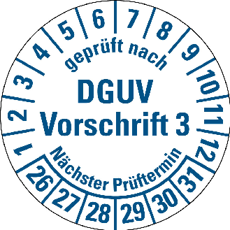 Prüfpl. DGUV V3 NP 26-31,weiß/blau,DIN EN 60601-01,Spezialkleber,Ø 30mm,10/Bogen-Beschreibung lesen