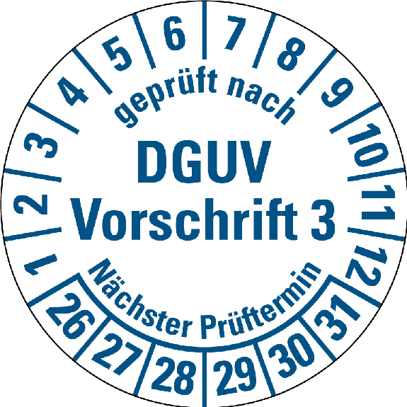 Prüfpl. DGUV V3 NP 26-31,weiß/blau,DIN EN 60601-01,Spezialkleber,Ø 30mm,10/Bogen-Beschreibung lesen