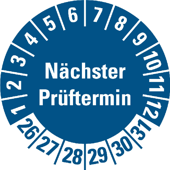 Prüfplakette NP 26-31, blau, Folie, mit Oberflächenschutz, Ø 30mm, 10/Bogen-Beschreibung lesen