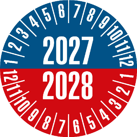 Prüfplakette 2027/2028, blau/rot, Folie, selbstklebend, Ø 30mm, 10/Bogen-Beschreibung lesen
