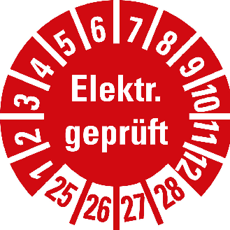 Prüfplakette Elektr.geprüft, 25-28, rot, Folie, selbstklebend, Ø 10mm, 10/Bogen-Beschreibung lesen