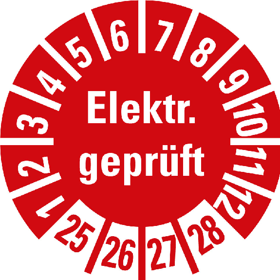 Prüfplakette Elektr.geprüft, 25-28, rot, Folie, selbstklebend, Ø 10mm, 10/Bogen Prüfplakette Elektr.geprüft, 25-28, rot, Folie, selbstklebend, Ø 10mm, 10/Bogen-Beschreibung lesen