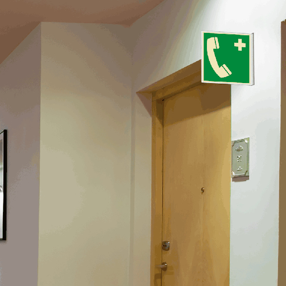 PERMALIGHT plus langnachleuchtend Rettungs-Fahnenschild Notruftelefon, doppelseitig, Kunststoff, 200x200mm-Beschreibung lesen